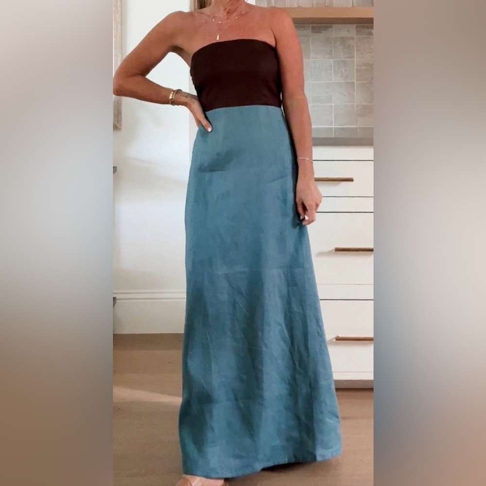 Olivaceous strapless  brown and blue linen midi dress, size M